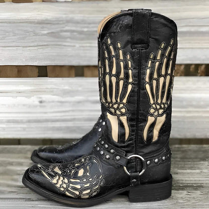 Men's Retro Skull Buckle Black Bicycle Boots