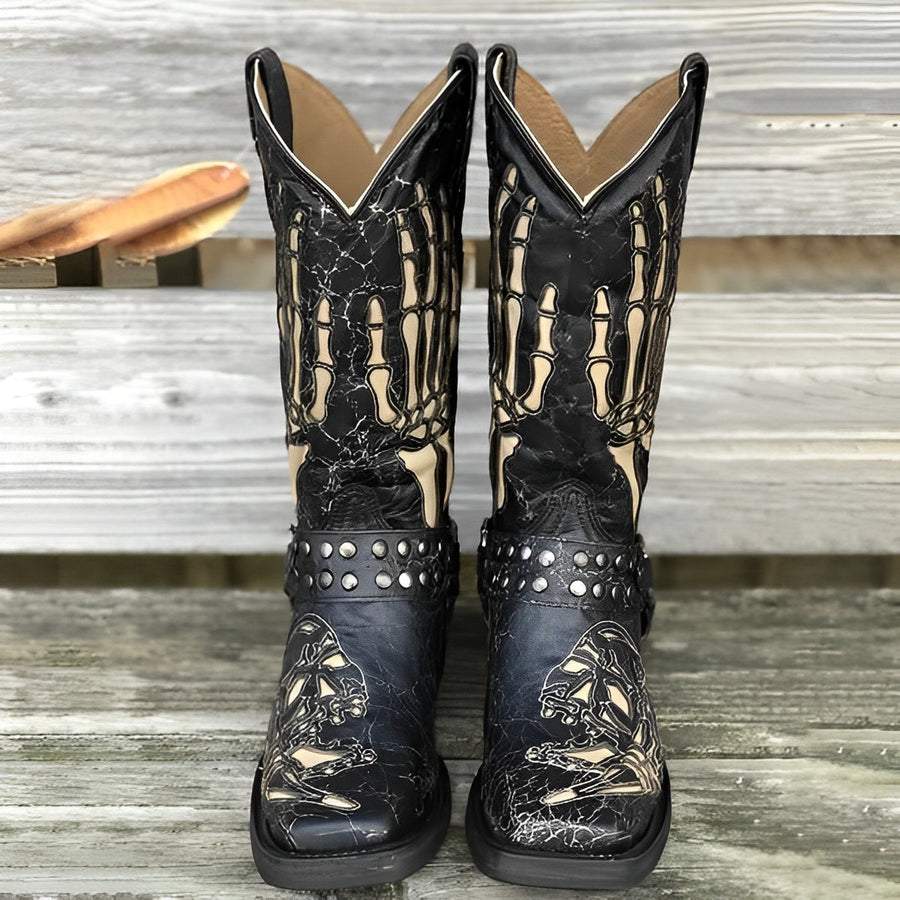 Men's Retro Skull Buckle Black Bicycle Boots